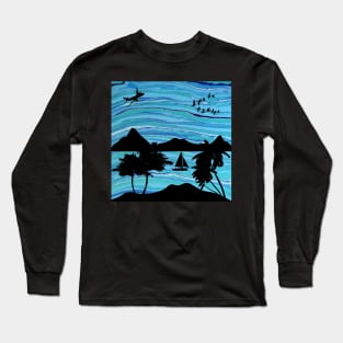 Island Landscape with a Blue Ocean and Palm Trees Long Sleeve T-Shirt